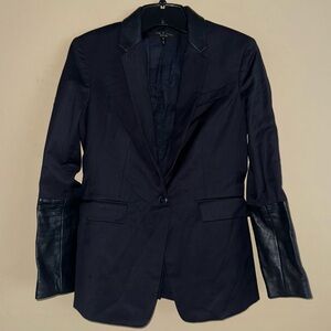 Rag & Bone Navy Blue Wool Blazer Jacket Sheep Leather Trim Size 0